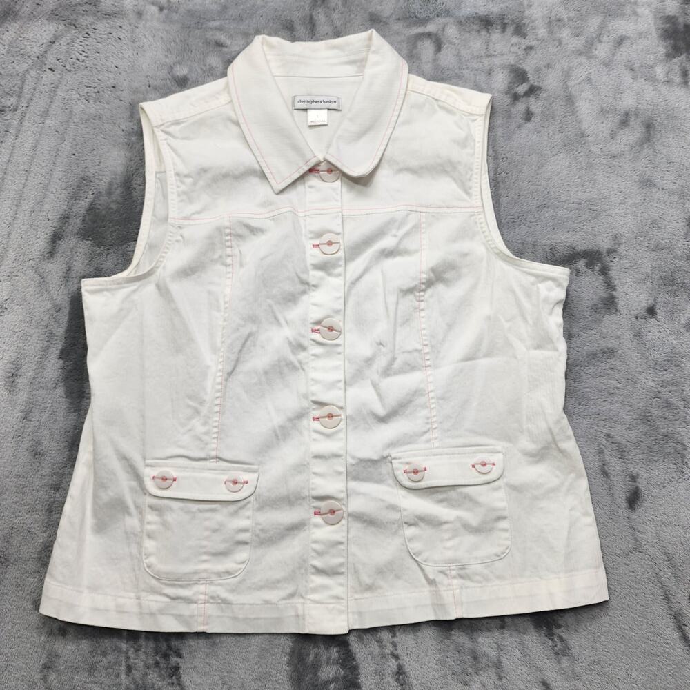 Vintage Christopher & Banks Vest Womens L White Pink Sleeveless Button Up Preppy